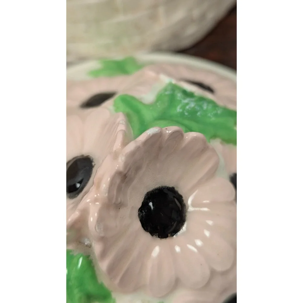 Vintage Ceramic Basket Weave Canisters Pink Daisy Flower Lids Speckled Stoneware